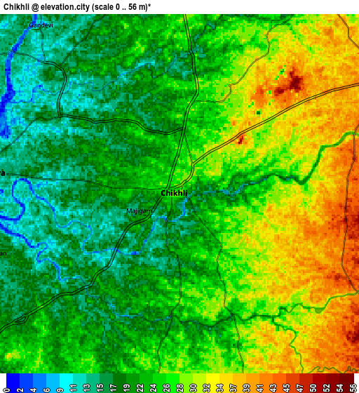 Zoom OUT 2x Chikhli, India elevation map