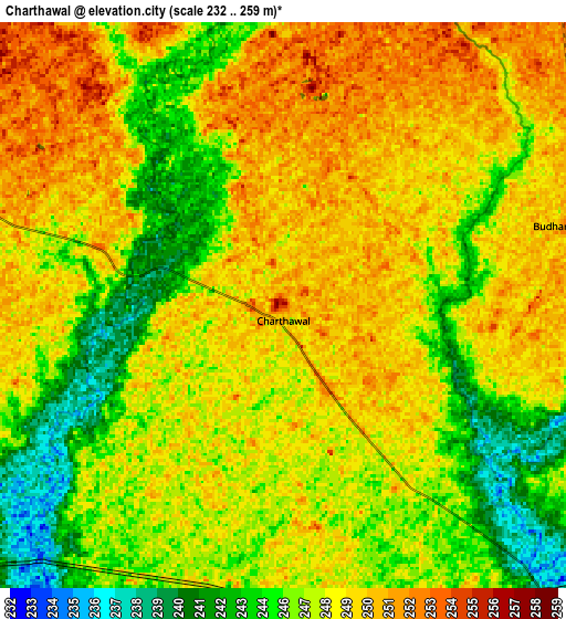Zoom OUT 2x Charthāwal, India elevation map