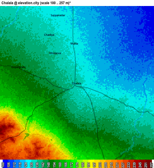 Zoom OUT 2x Chalāla, India elevation map