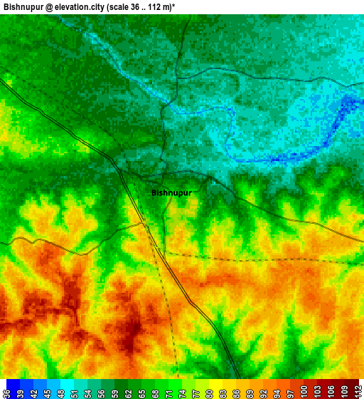 Zoom OUT 2x Bishnupur, India elevation map