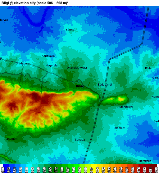 Zoom OUT 2x Bilgi, India elevation map