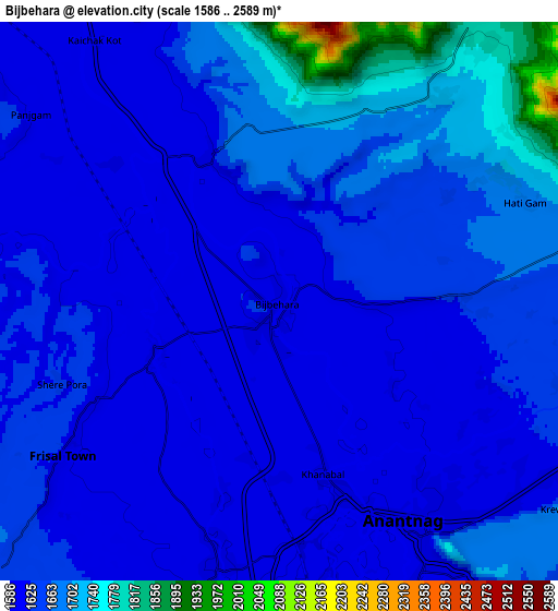 Zoom OUT 2x Bijbehara, India elevation map