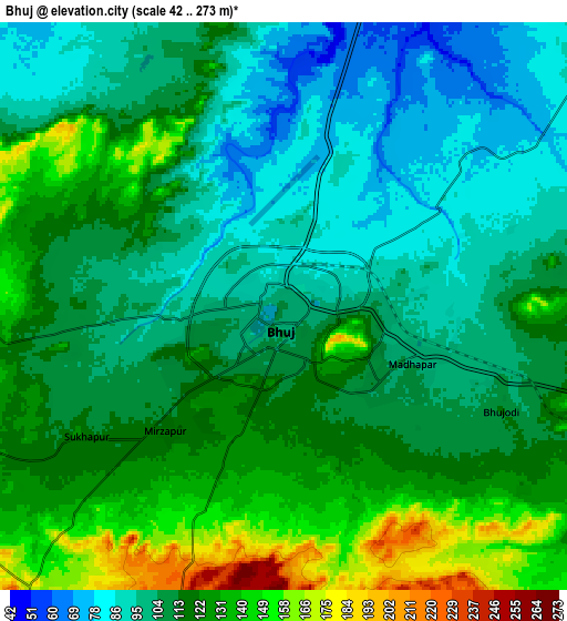 Zoom OUT 2x Bhuj, India elevation map