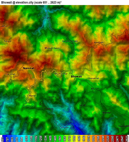 Zoom OUT 2x Bhowali, India elevation map