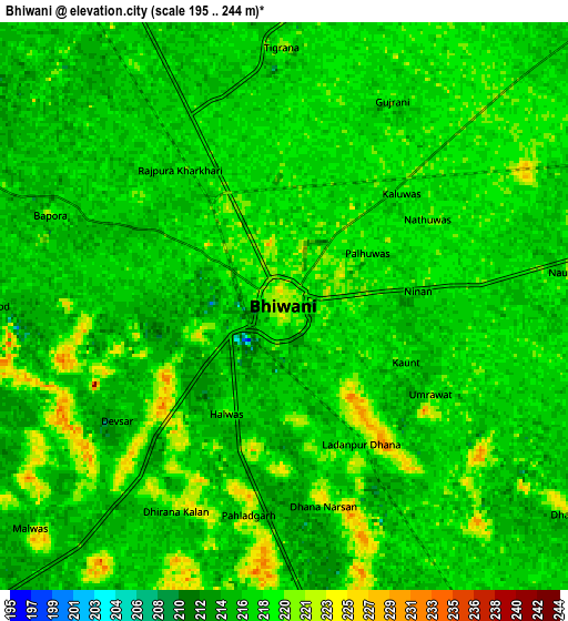 Zoom OUT 2x Bhiwāni, India elevation map