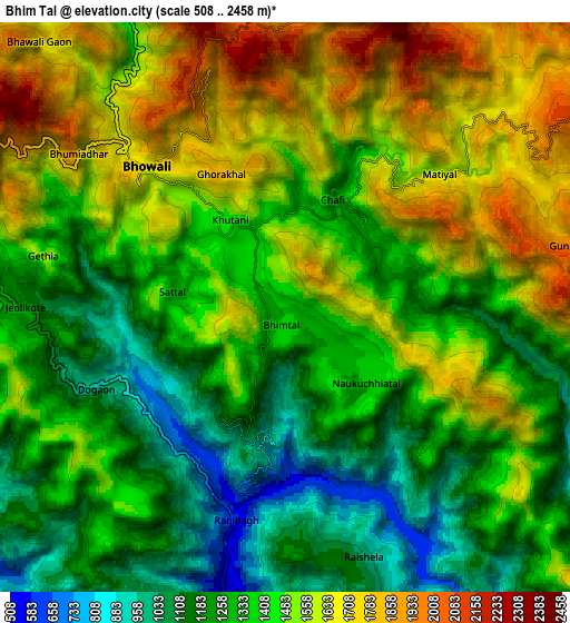 Zoom OUT 2x Bhīm Tāl, India elevation map