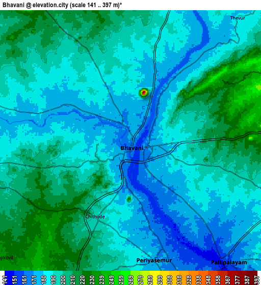 Zoom OUT 2x Bhavāni, India elevation map