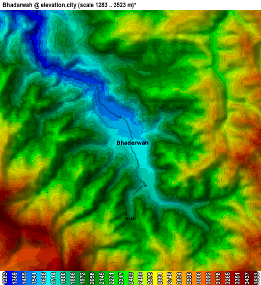 Zoom OUT 2x Bhadarwāh, India elevation map