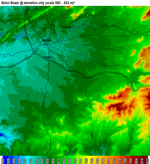 Zoom OUT 2x Betūl Bazār, India elevation map