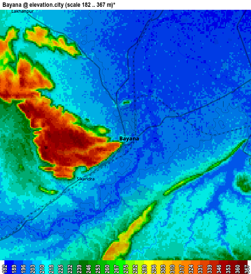 Zoom OUT 2x Bayāna, India elevation map