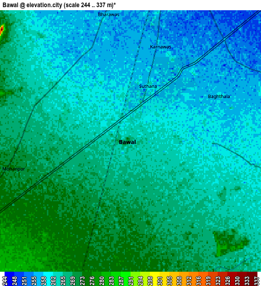 Zoom OUT 2x Bāwal, India elevation map