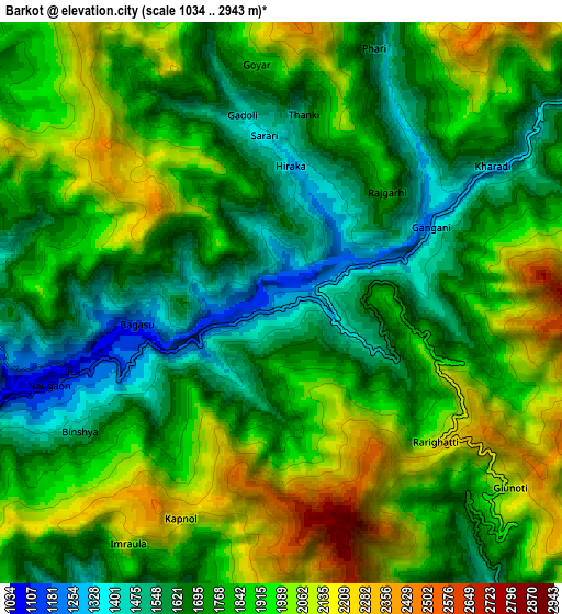 Zoom OUT 2x Barkot, India elevation map