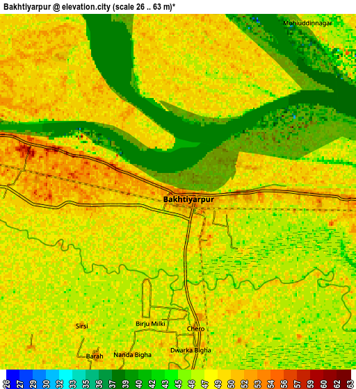 Zoom OUT 2x Bakhtiyārpur, India elevation map