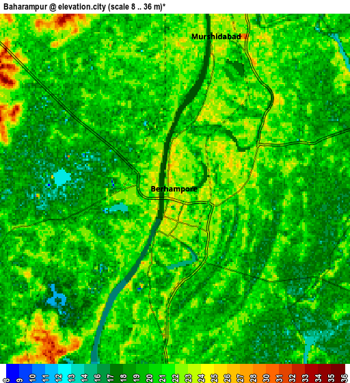 Zoom OUT 2x Baharampur, India elevation map