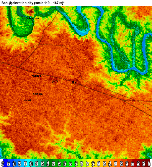 Zoom OUT 2x Bāh, India elevation map