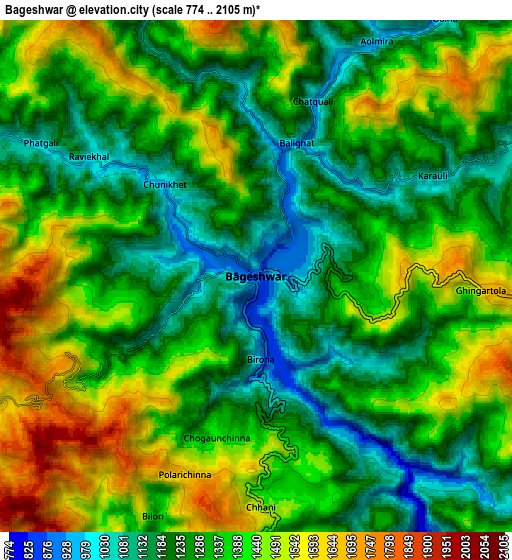 Zoom OUT 2x Bāgeshwar, India elevation map