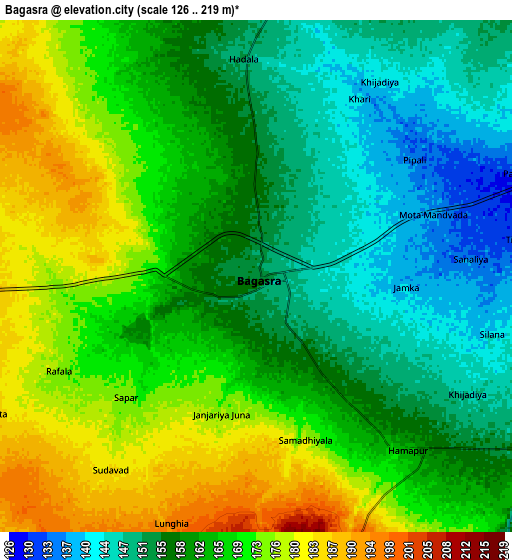 Zoom OUT 2x Bagasra, India elevation map