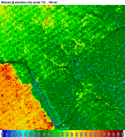 Zoom OUT 2x Babrāla, India elevation map