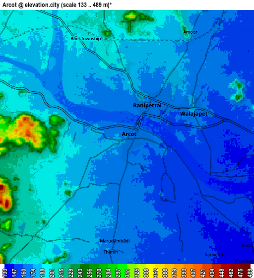 Zoom OUT 2x Arcot, India elevation map