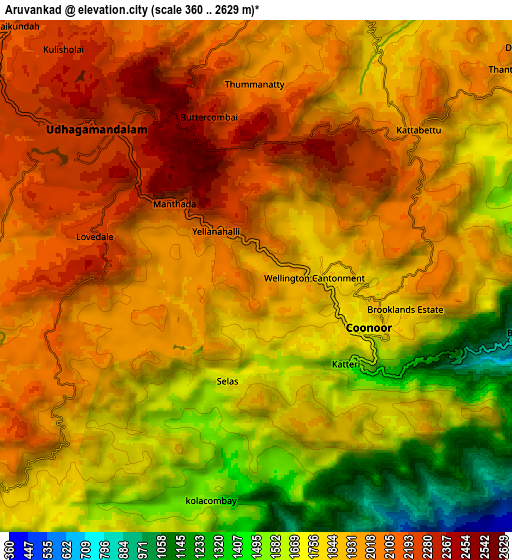 Zoom OUT 2x Aruvankad, India elevation map