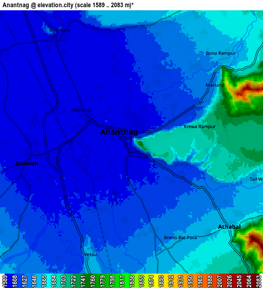 Zoom OUT 2x Anantnag, India elevation map