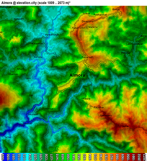 Zoom OUT 2x Almora, India elevation map