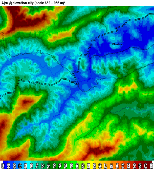 Zoom OUT 2x Ajra, India elevation map
