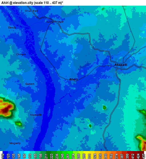 Zoom OUT 2x Ahiri, India elevation map