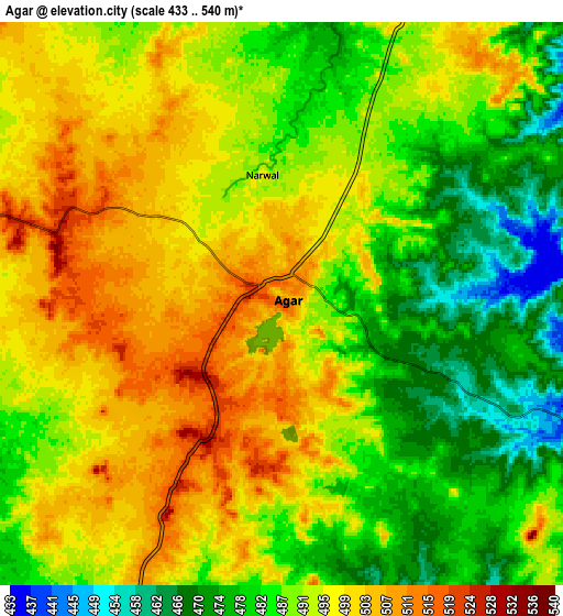 Zoom OUT 2x Agar, India elevation map