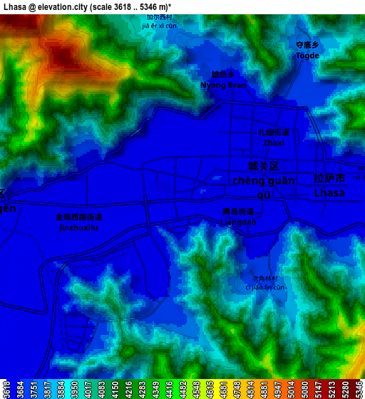 Zoom OUT 2x Lhasa, China elevation map