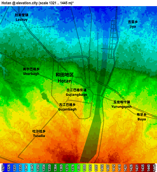 Zoom OUT 2x Hotan, China elevation map