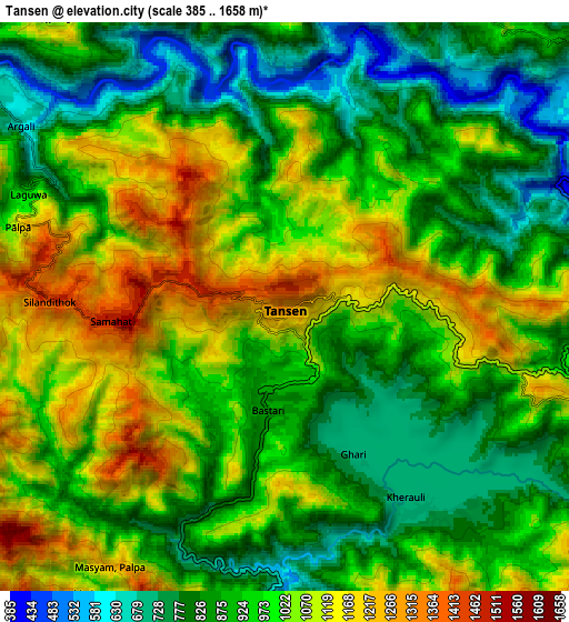 Zoom OUT 2x Tānsen, Nepal elevation map