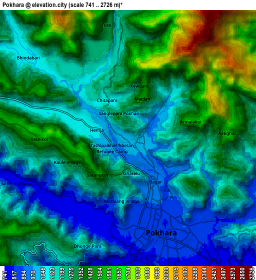 Zoom OUT 2x Pokhara, Nepal elevation map