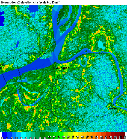 Zoom OUT 2x Nyaungdon, Myanmar elevation map