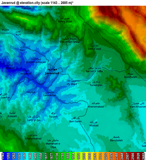 Zoom OUT 2x Javānrūd, Iran elevation map