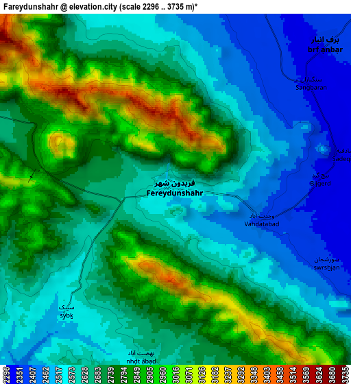 Zoom OUT 2x Fareydūnshahr, Iran elevation map