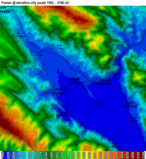 Zoom OUT 2x Fārsān, Iran elevation map