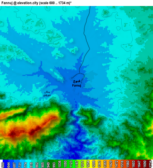 Zoom OUT 2x Fannūj, Iran elevation map