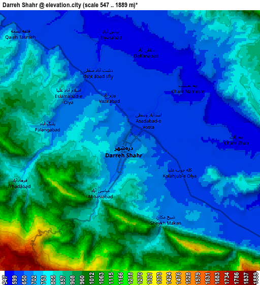 Zoom OUT 2x Darreh Shahr, Iran elevation map