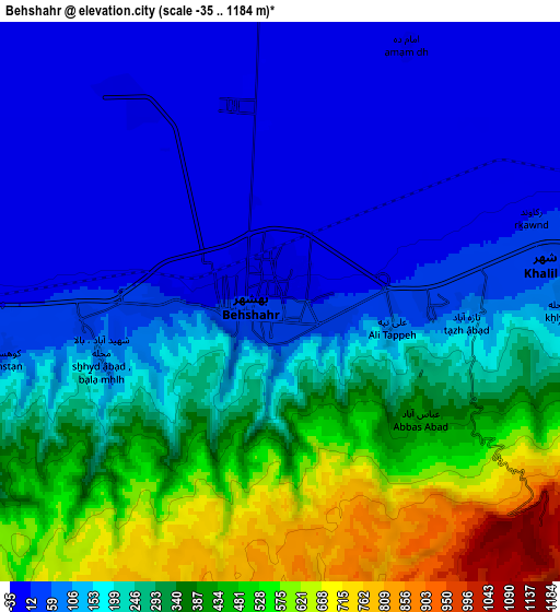 Zoom OUT 2x Behshahr, Iran elevation map