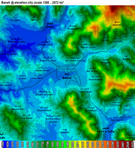 Zoom OUT 2x Bāneh, Iran elevation map