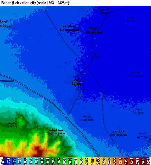 Zoom OUT 2x Bahār, Iran elevation map
