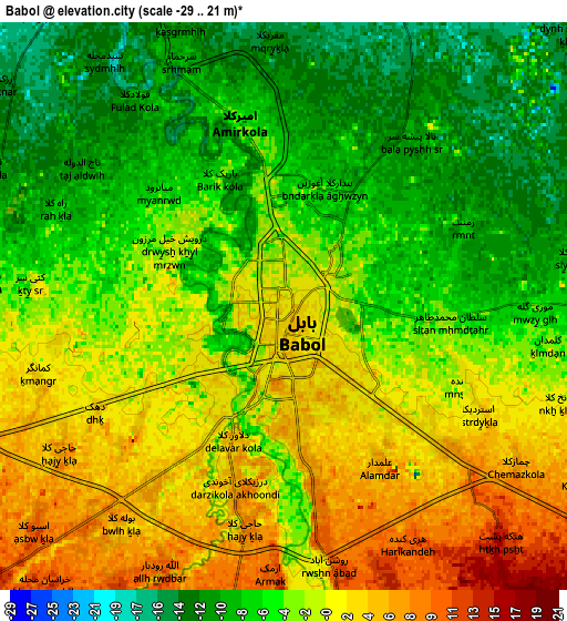 Zoom OUT 2x Bābol, Iran elevation map