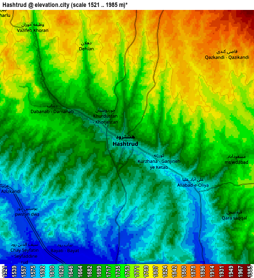 Zoom OUT 2x Hashtrūd, Iran elevation map
