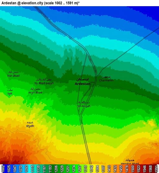 Zoom OUT 2x Ardestān, Iran elevation map