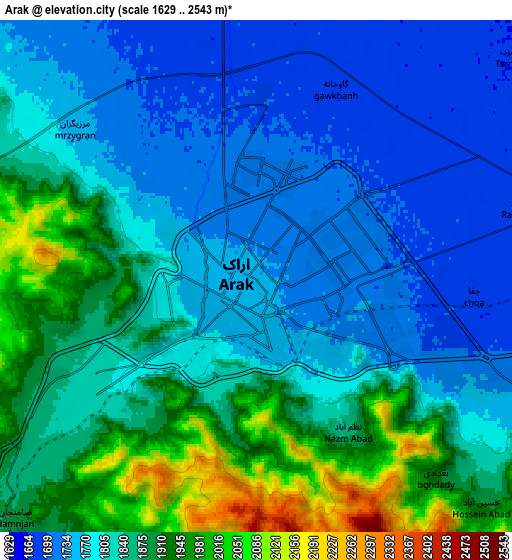 Zoom OUT 2x Arāk, Iran elevation map
