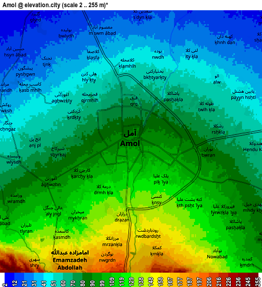 Zoom OUT 2x Āmol, Iran elevation map