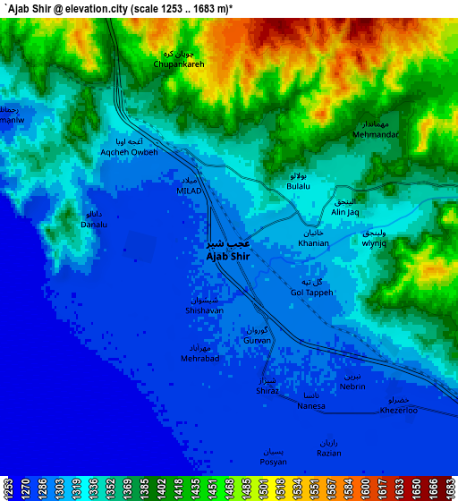 Zoom OUT 2x ‘Ajab Shīr, Iran elevation map