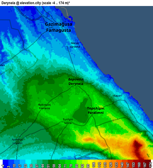 Zoom OUT 2x Derýneia, Cyprus elevation map