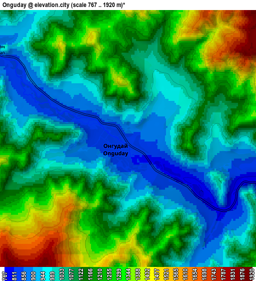 Zoom OUT 2x Onguday, Russia elevation map